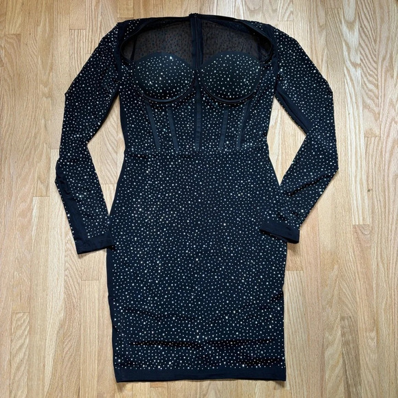 Fisdy Black Rhinestone Glitter Bedazzled Corset Mesh Mini Dress Homecoming/Party - Picture 1 of 7